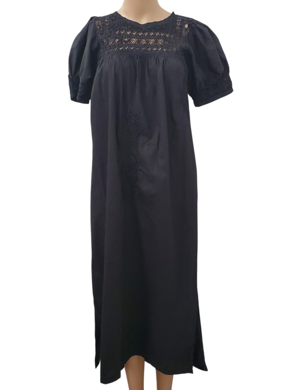 Mi Golondrina Black Midi Dress with Lace Yoke and Puff Sleeves (XS)